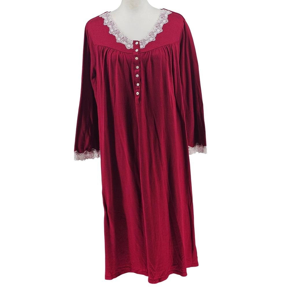Eileen West Knit Nightgown XL Dark Red Lace Trim Romantic Cottagecore Holiday